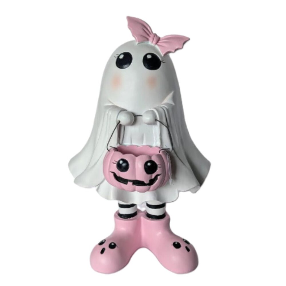 Pinkoween Pastel Ghost Girl Pink Bow Pumpkin Decor 12.5"